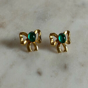 Vintage Gold Tone Bow Earrings Green Stone Coquette Dainty